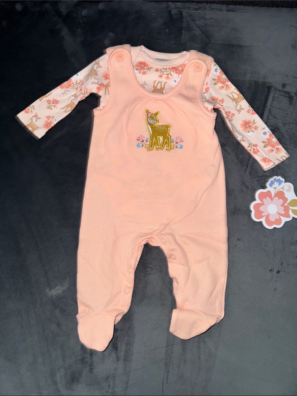 Peach Deer Applique Footie One-Piece with Floral Bodysuit